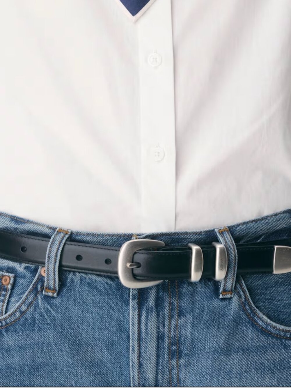 Aritzia Black Leather Double-Prong Belt with Silver Buckles